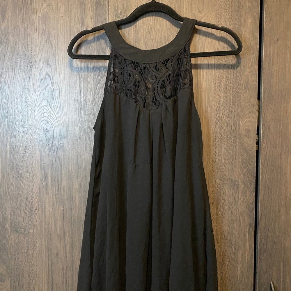 Black‎ Sleeveless Lace Yoke High Neck Chiffon Cocktail Dress Large LBD